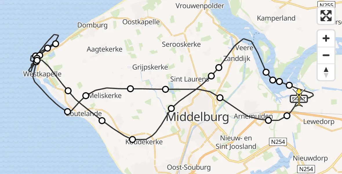 Routekaart van de vlucht: Kustwachthelikopter naar Vliegveld Midden-Zeeland, Postweg