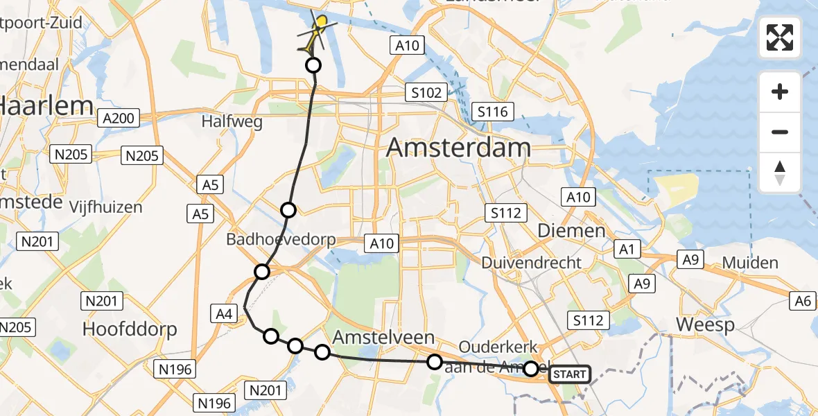 Routekaart van de vlucht: Lifeliner 1 naar Amsterdam Heliport, Abcouderstraatweg