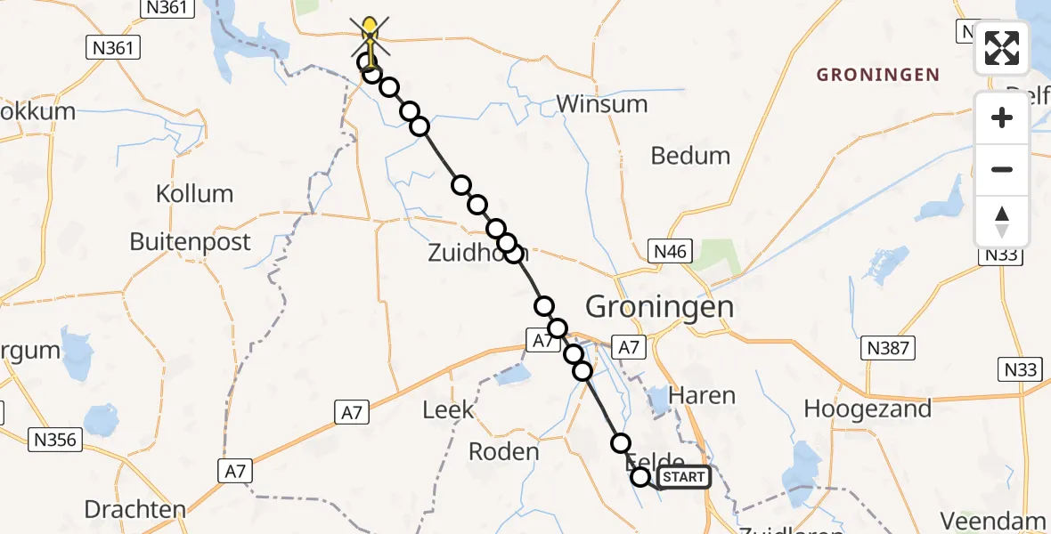 Routekaart van de vlucht: Lifeliner 4 naar Vierhuizen, Veldkampweg