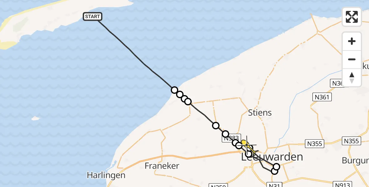 Routekaart van de vlucht: Ambulanceheli naar Marsum, Ljouwerterdyk