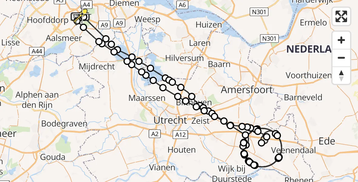 Routekaart van de vlucht: Politieheli naar Schiphol, Aalsmeer