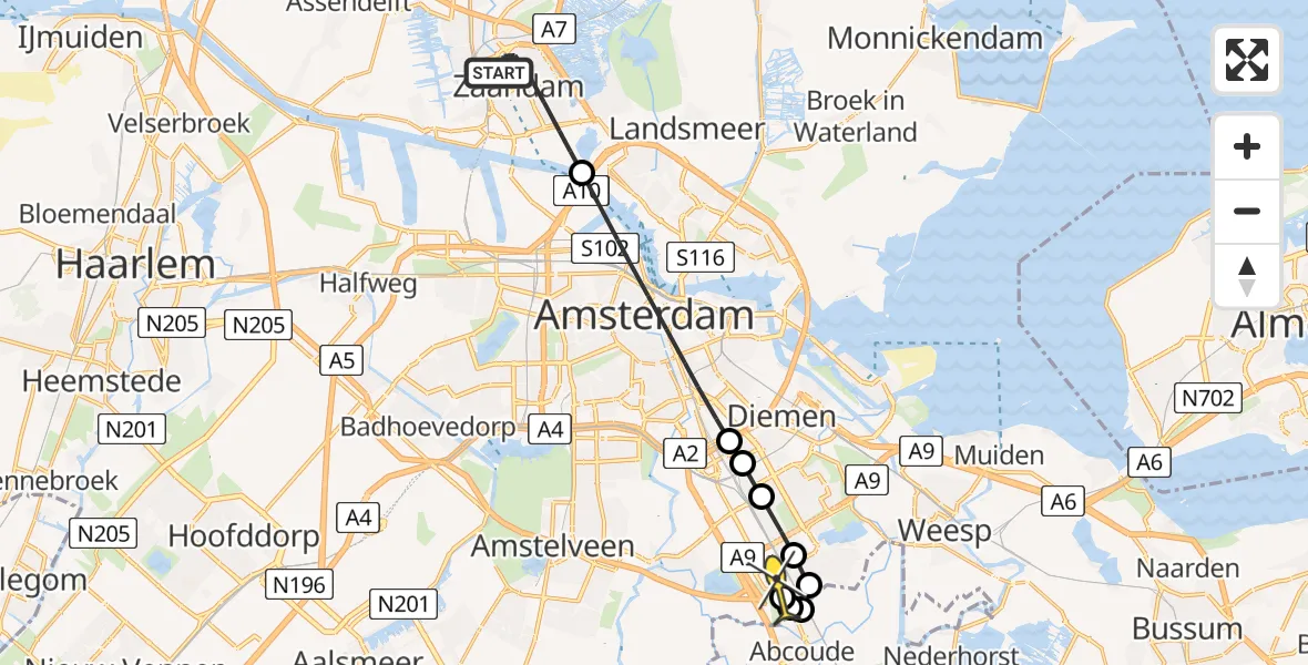 Routekaart van de vlucht: Lifeliner 1 naar Academisch Medisch Centrum (AMC), Panneroodstraat