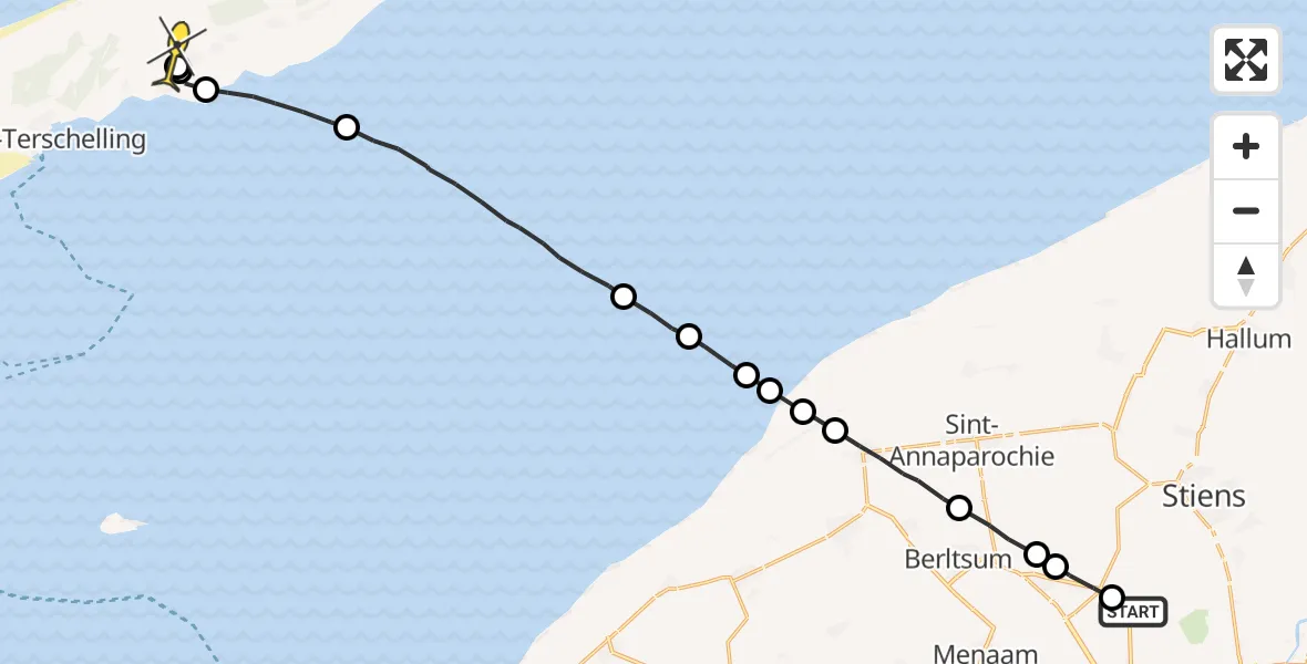 Routekaart van de vlucht: Ambulancehelikopter naar Midsland, JH van Aismawei
