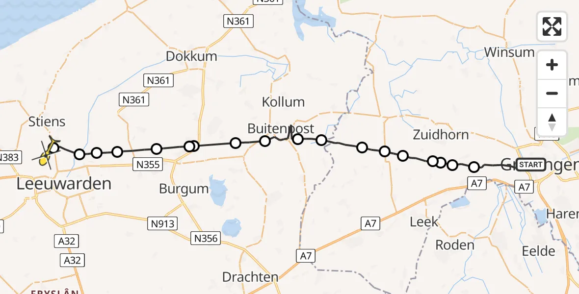 Routekaart van de vlucht: Ambulanceheli naar Vliegbasis Leeuwarden, Hoendiep