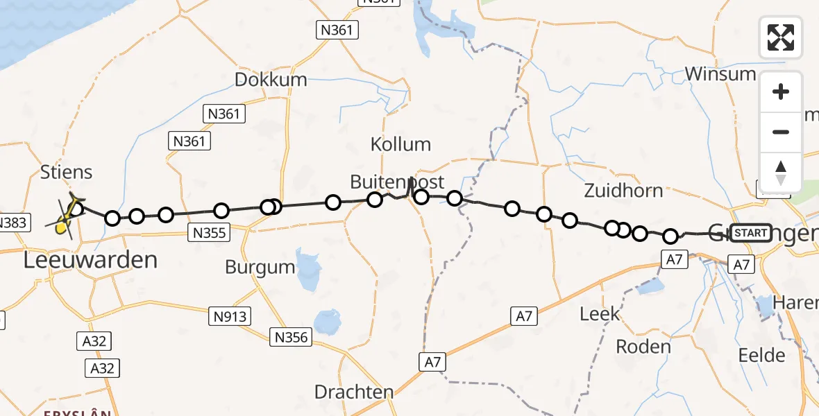 Routekaart van de vlucht: Ambulancehelikopter naar Vliegbasis Leeuwarden, Hoendiep