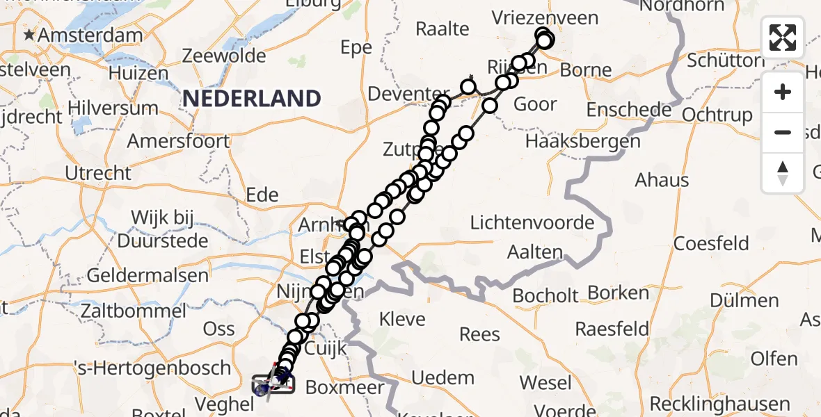 Vluchtroute Politiehelikopter van Vliegbasis Volkel naar Vliegbasis Volkel