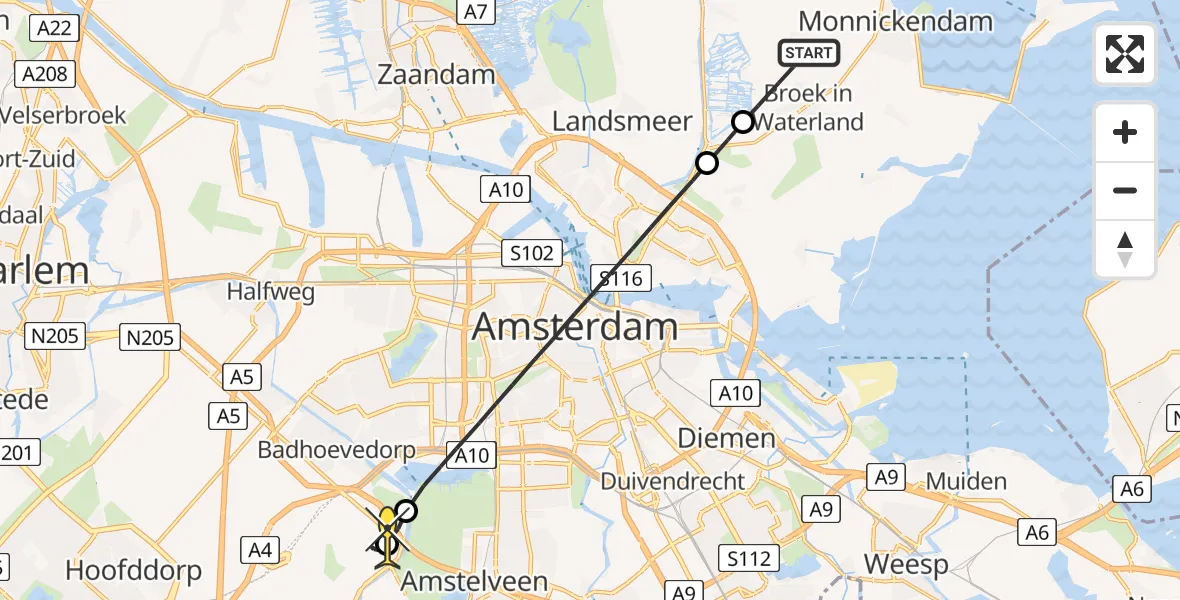 Routekaart van de vlucht: Politieheli naar Schiphol, Noordmeer