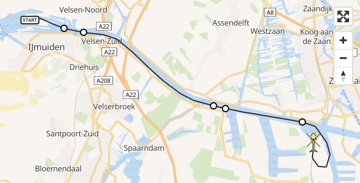 Routekaart van de vlucht: Kustwachthelikopter naar Amsterdam Heliport, Wijkermeerweg