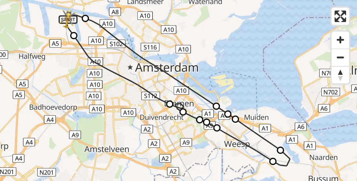Vluchtroute Traumahelikopter van Amsterdam Heliport naar Amsterdam Heliport