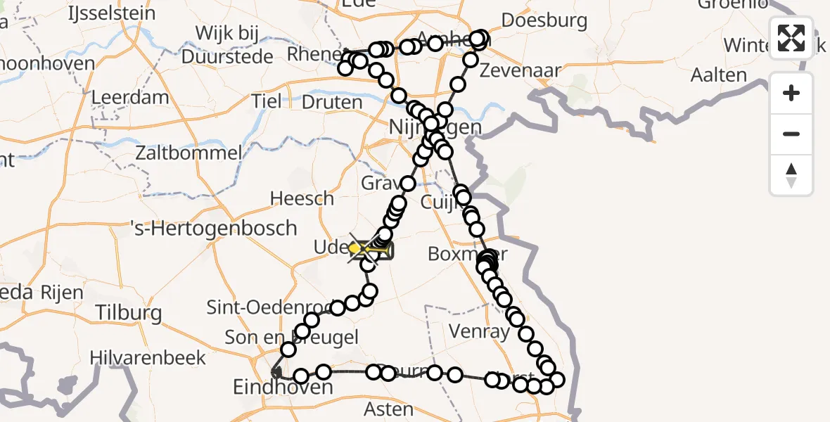 Routekaart van de vlucht: Politieheli naar Vliegbasis Volkel, Zeelandsedijk