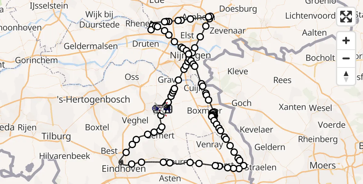 Vluchtroute Politiehelikopter van Vliegbasis Volkel naar Vliegbasis Volkel
