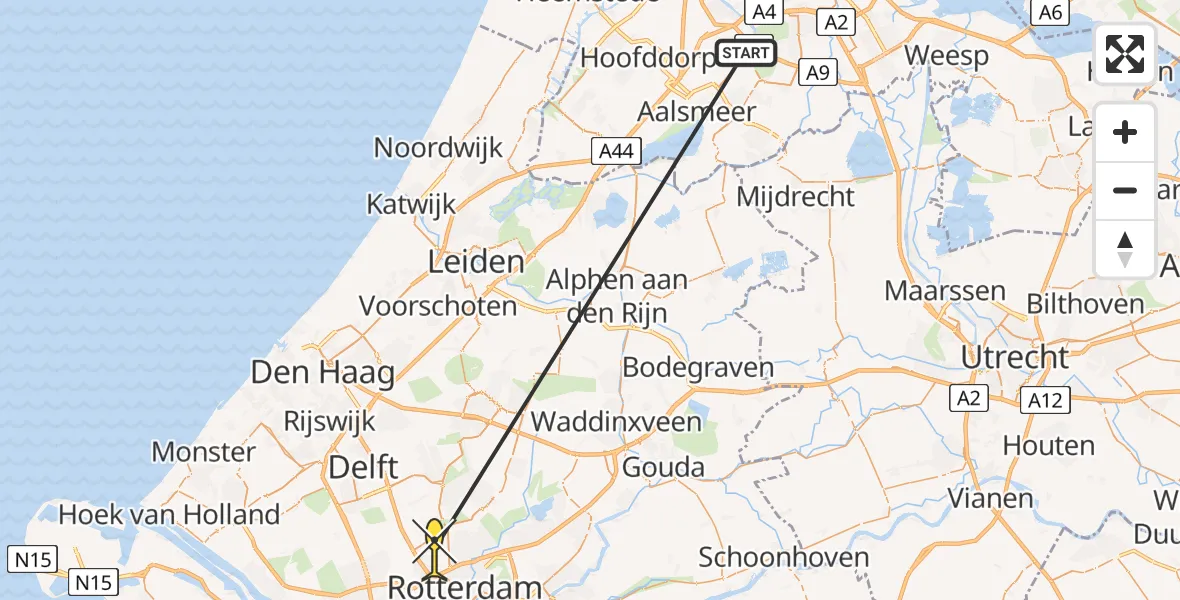 Routekaart van de vlucht: Kustwachthelikopter naar Rotterdam The Hague Airport, Brandenburgbaan