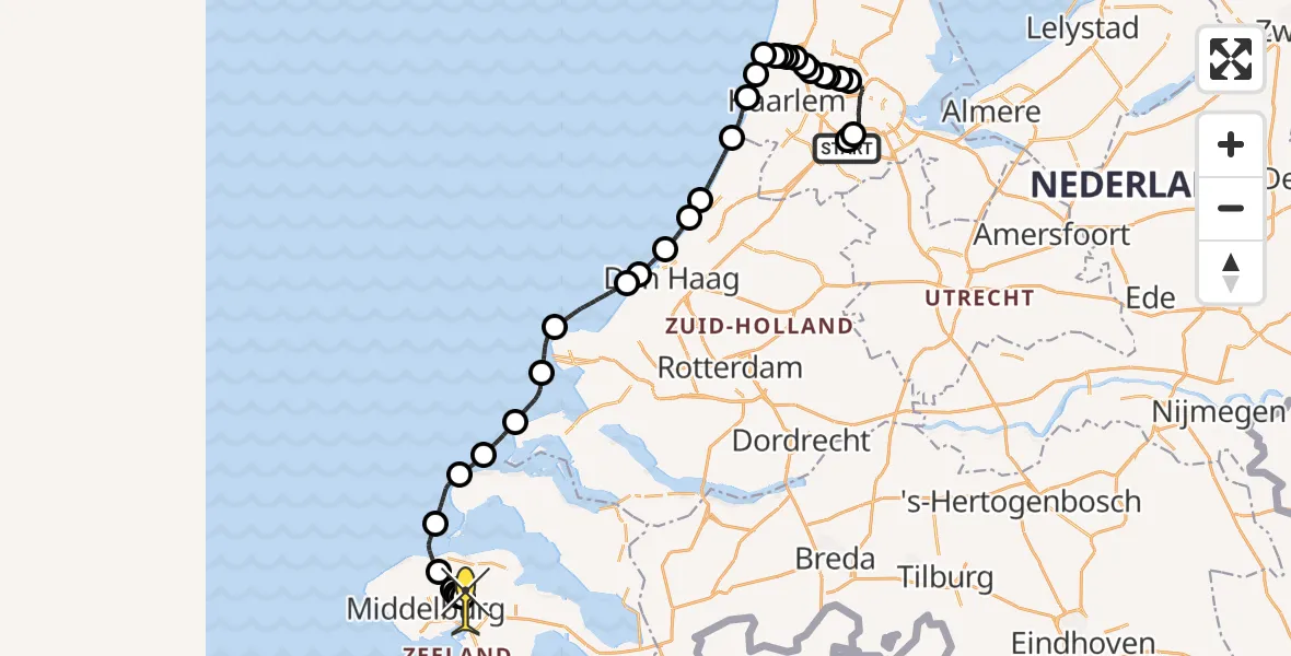 Routekaart van de vlucht: Kustwachthelikopter naar Vliegveld Midden-Zeeland, Aalsmeer