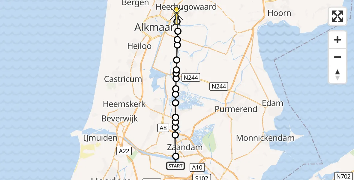 Routekaart van de vlucht: Lifeliner 1 naar Heerhugowaard, Zijtocht