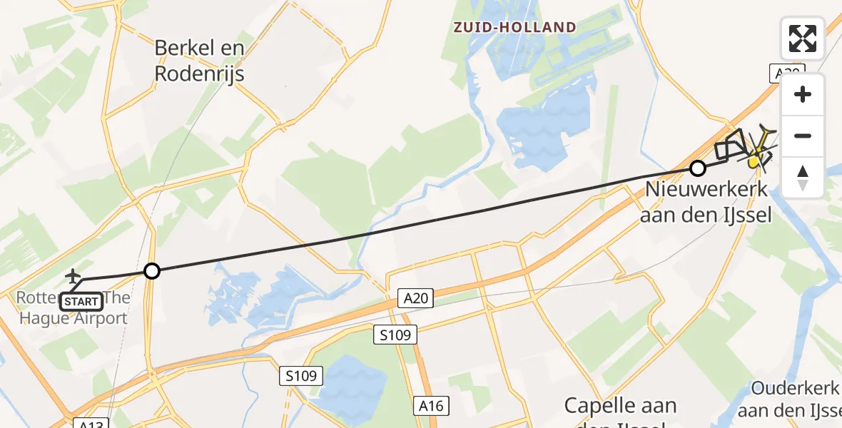 Routekaart van de vlucht: Lifeliner 2 naar Nieuwerkerk aan den IJssel, Hoog Zestienhoven