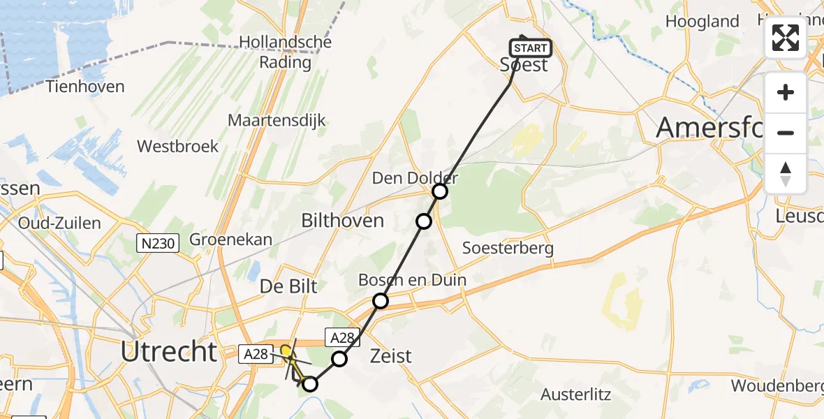 Routekaart van de vlucht: Lifeliner 1 naar Universitair Medisch Centrum Utrecht, Beukenlaan