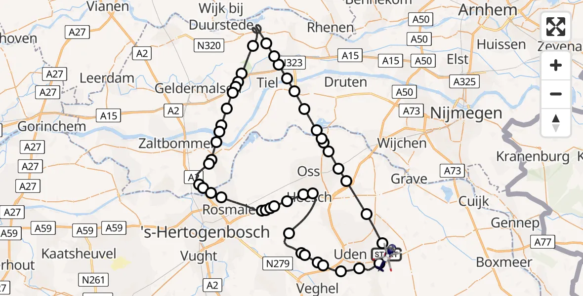 Vluchtroute Politiehelikopter van Vliegbasis Volkel naar Vliegbasis Volkel