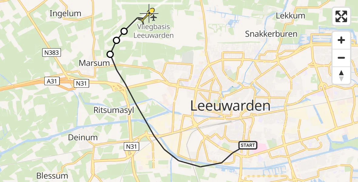 Vluchtroute Ambulancehelikopter van Leeuwarden naar Vliegbasis Leeuwarden