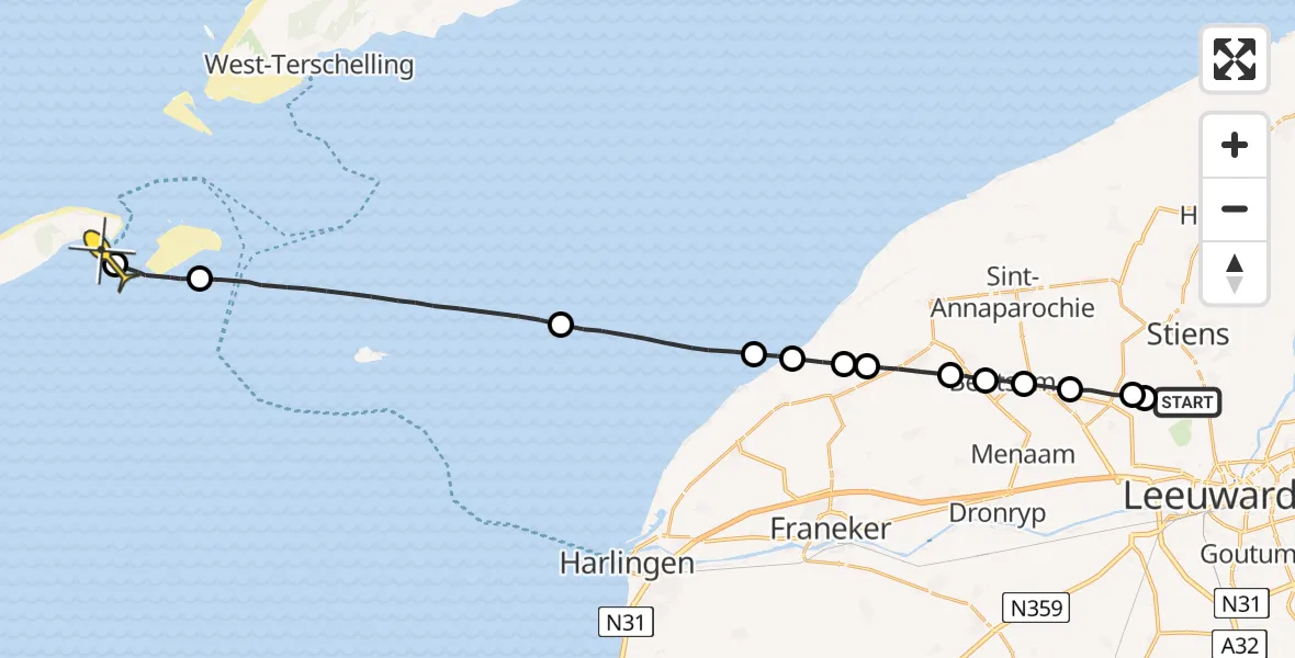 Routekaart van de vlucht: Ambulanceheli naar Vlieland Heliport, Bitgumerlân