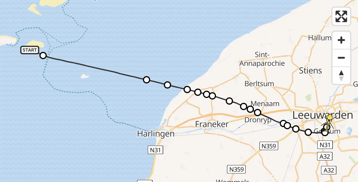 Routekaart van de vlucht: Ambulancehelikopter naar Leeuwarden, Fransche Gaatje