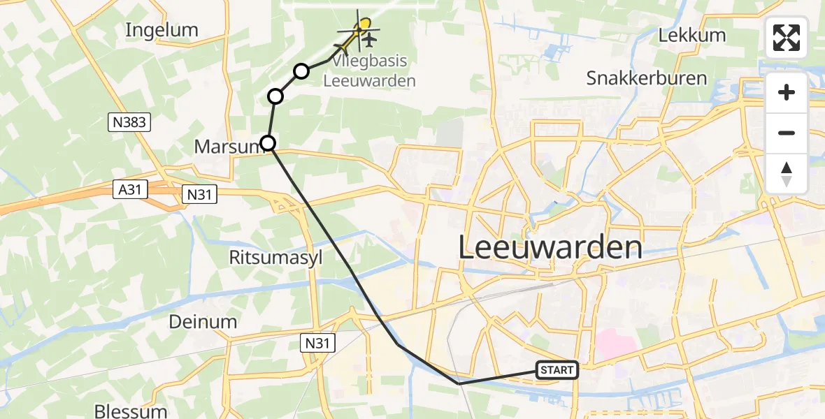 Routekaart van de vlucht: Ambulanceheli naar Vliegbasis Leeuwarden, Nijlânsdyk