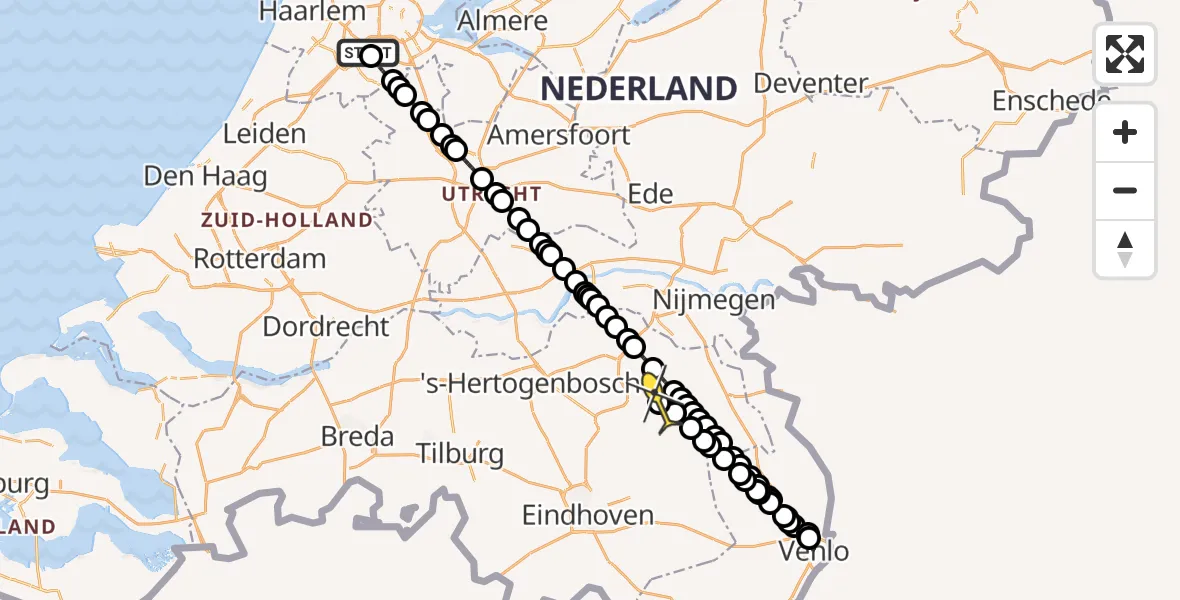 Vluchtroute Politiehelikopter van Schiphol naar Vliegbasis Volkel