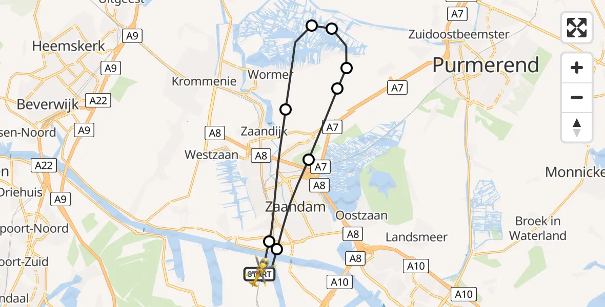 Vluchtroute Traumahelikopter van Amsterdam Heliport naar Amsterdam Heliport