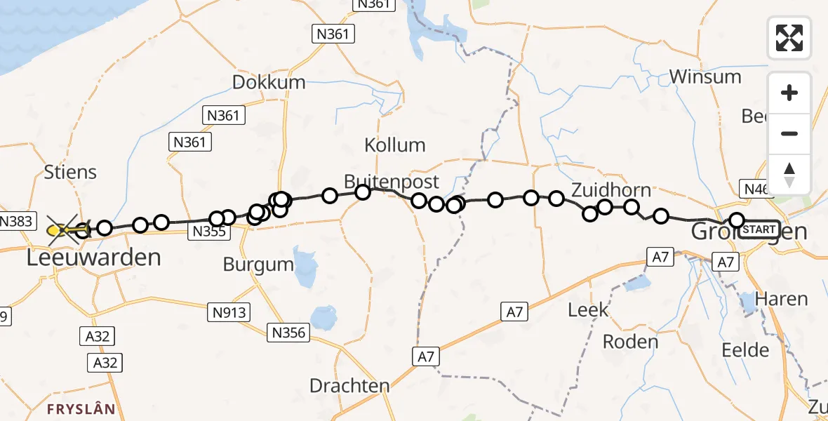 Routekaart van de vlucht: Ambulanceheli naar Vliegbasis Leeuwarden, Van Kerckhoffstraat
