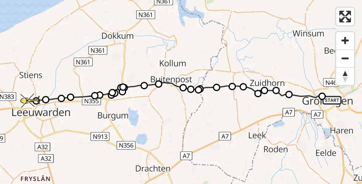 Routekaart van de vlucht: Ambulancehelikopter naar Vliegbasis Leeuwarden, Van Kerckhoffstraat