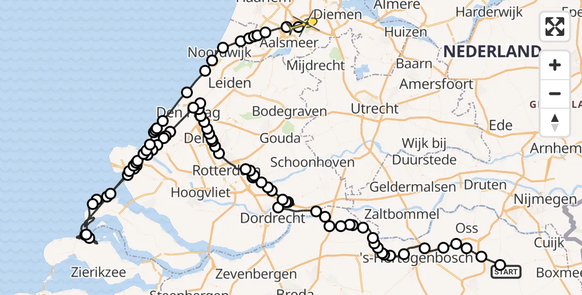 Routekaart van de vlucht: Politieheli naar Schiphol, zeelandsedijk