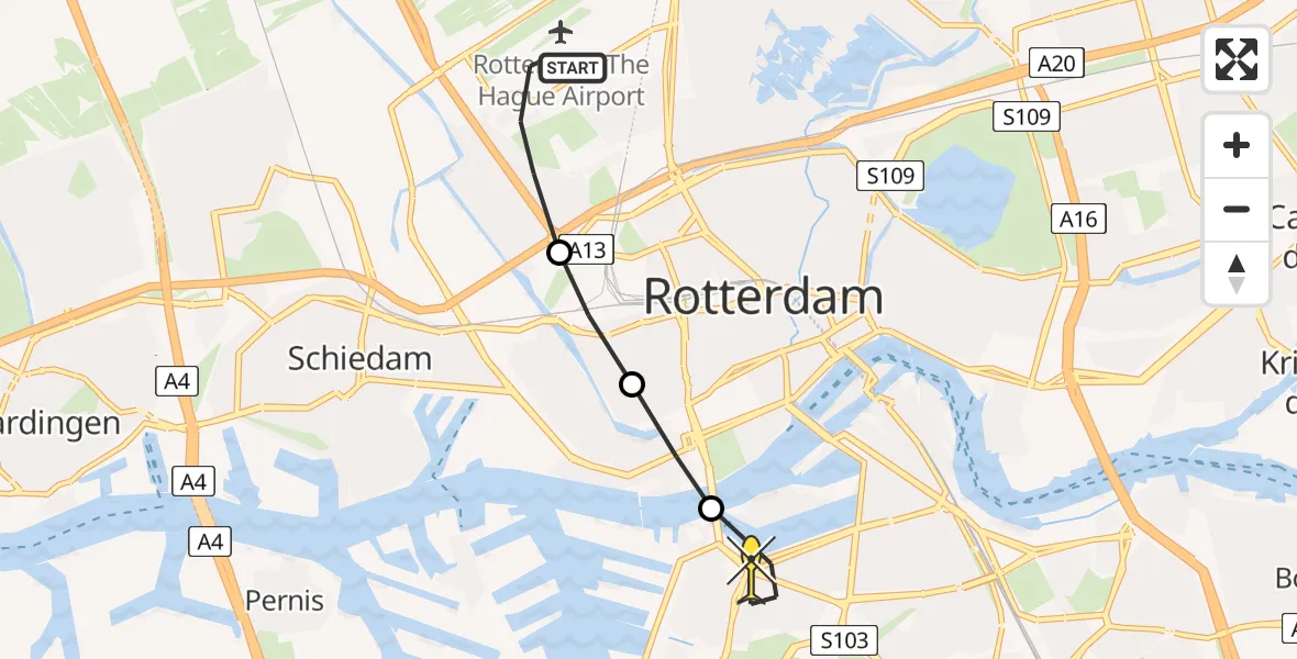 Routekaart van de vlucht: Lifeliner 2 naar Rotterdam, Zestienhovensekade