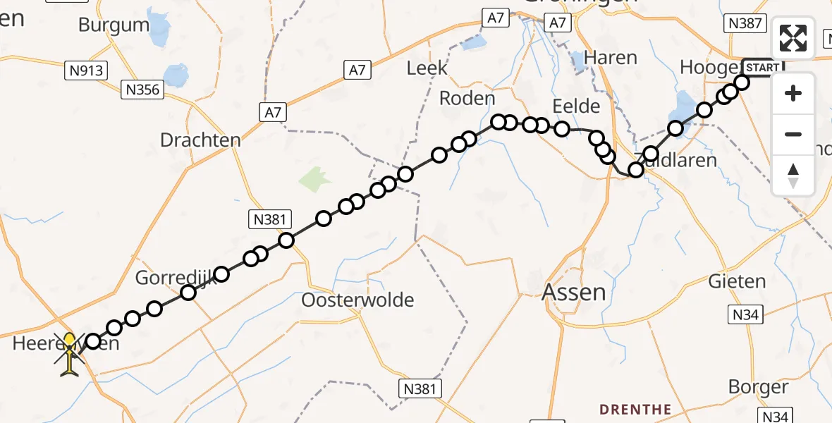 Routekaart van de vlucht: Traumaheli naar Heerenveen, Wildervanck