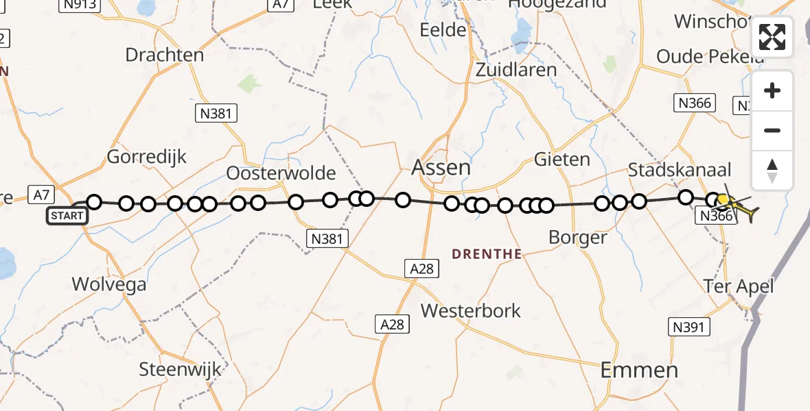 Routekaart van de vlucht: Traumaheli naar Mussel, Woudsterweg