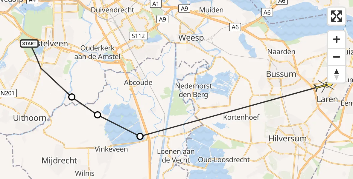 Routekaart van de vlucht: Politieheli naar Laren, Betje Wolfflaan