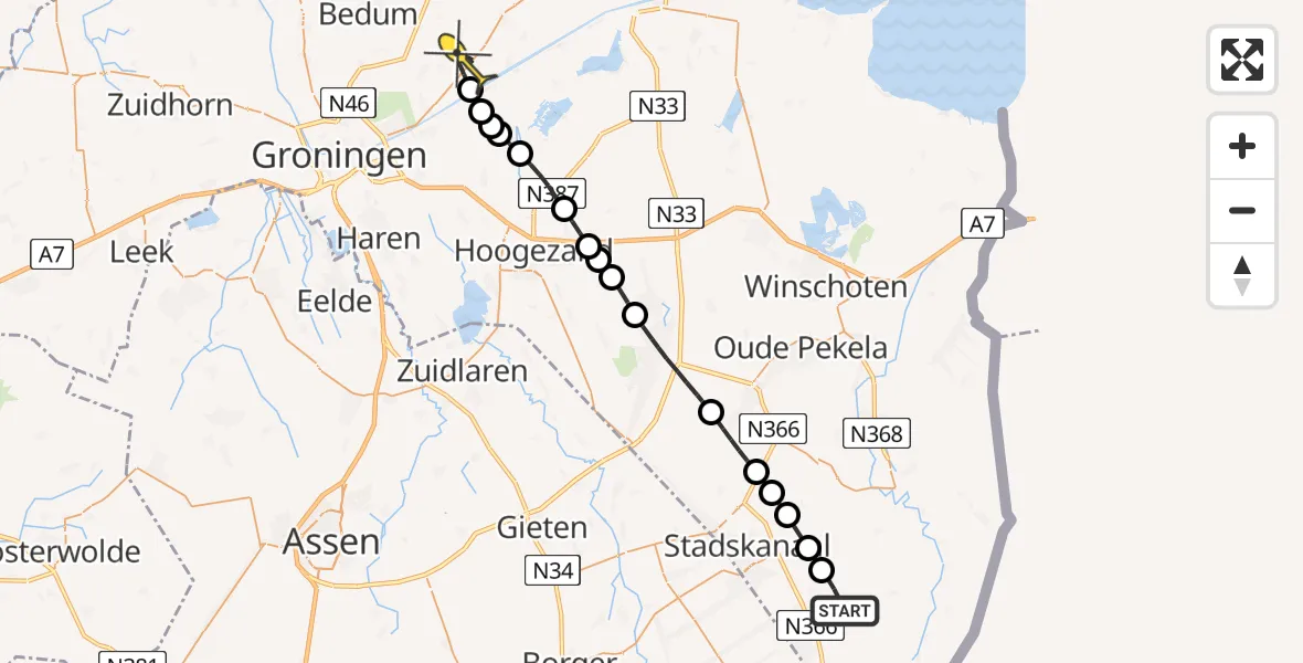 Routekaart van de vlucht: Lifeliner 4 naar Ten Boer, Musselweg