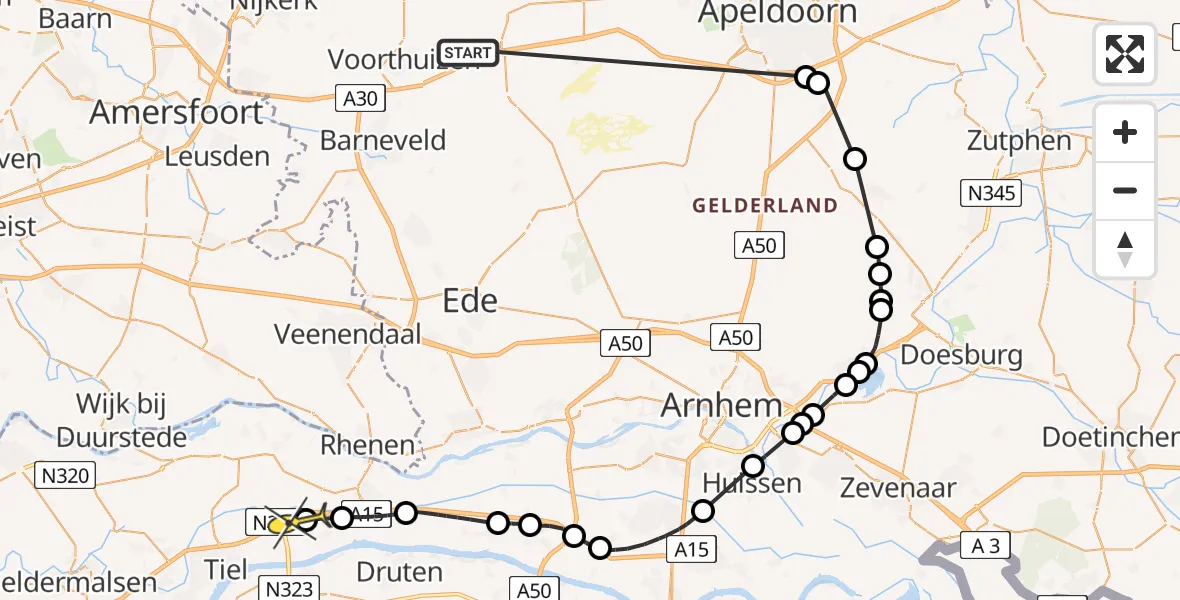 Routekaart van de vlucht: Politiehelikopter naar Echteld, Wolfskuilen