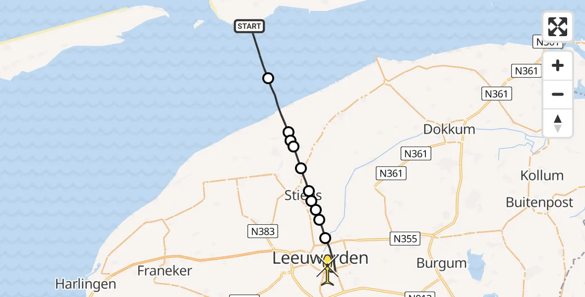 Routekaart van de vlucht: Ambulanceheli naar Leeuwarden, Hoek van Hessing