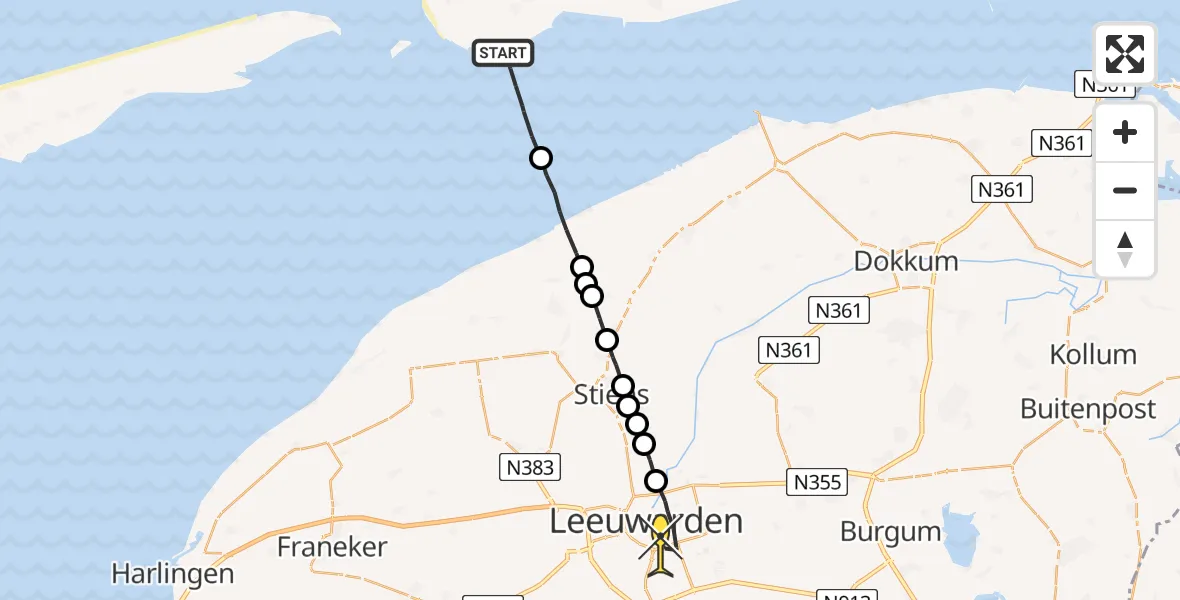 Routekaart van de vlucht: Ambulancehelikopter naar Leeuwarden, Hoek van Hessing