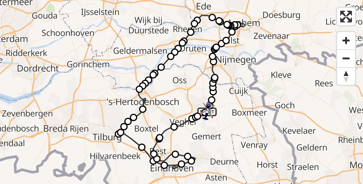 Vluchtroute Politiehelikopter van Vliegbasis Volkel naar Vliegbasis Volkel
