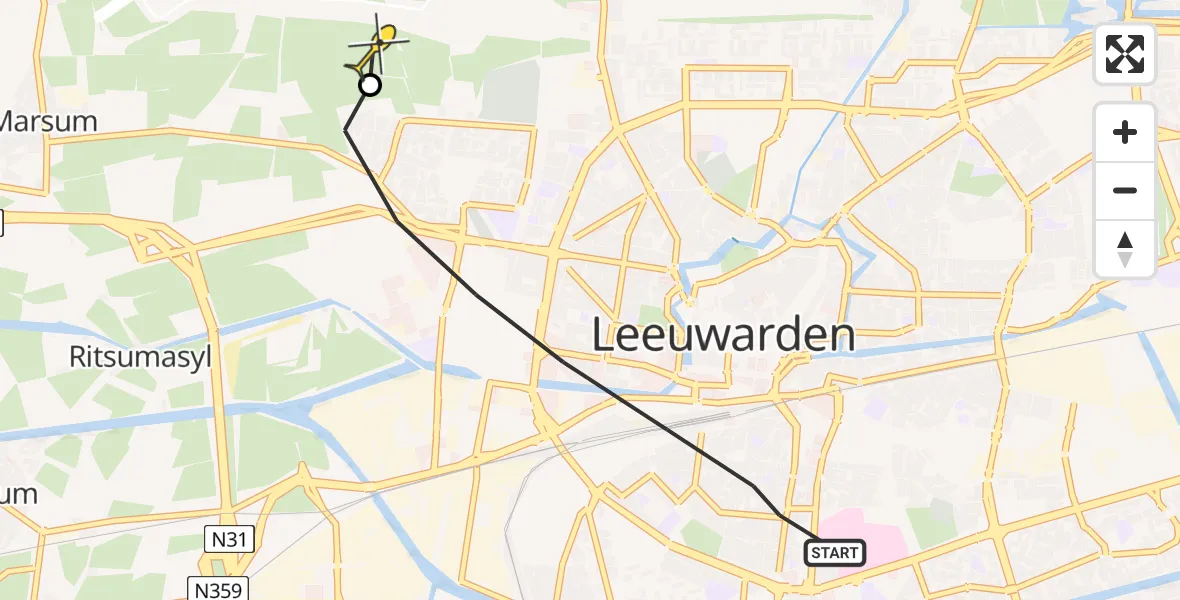 Vluchtroute Ambulancehelikopter van Leeuwarden naar Vliegbasis Leeuwarden