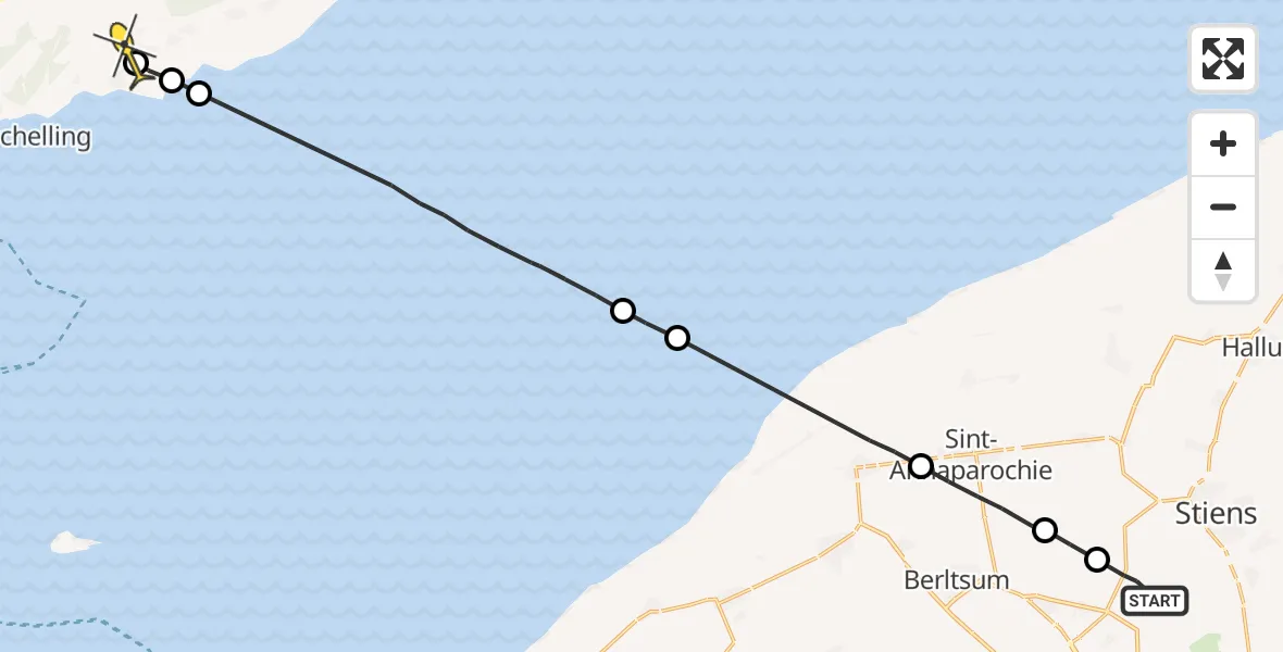 Routekaart van de vlucht: Ambulancehelikopter naar Midsland, Nijlânsdyk