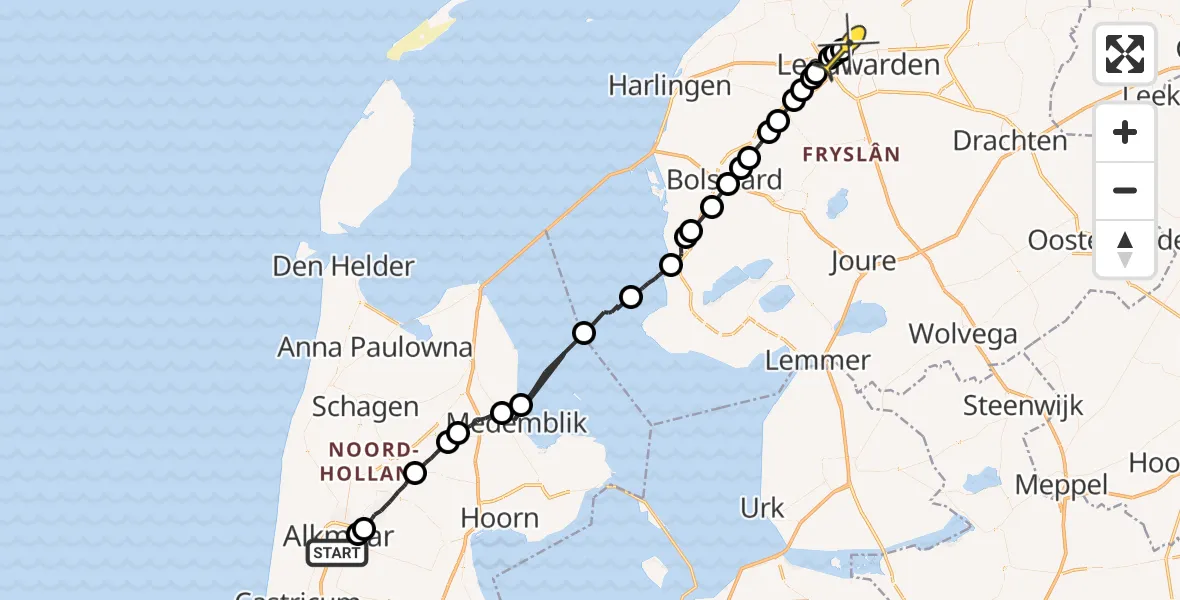 Routekaart van de vlucht: Ambulanceheli naar Vliegbasis Leeuwarden, Kitmanstraat