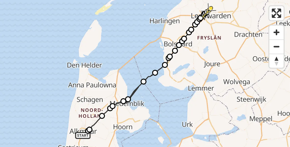 Routekaart van de vlucht: Ambulancehelikopter naar Vliegbasis Leeuwarden, Kitmanstraat