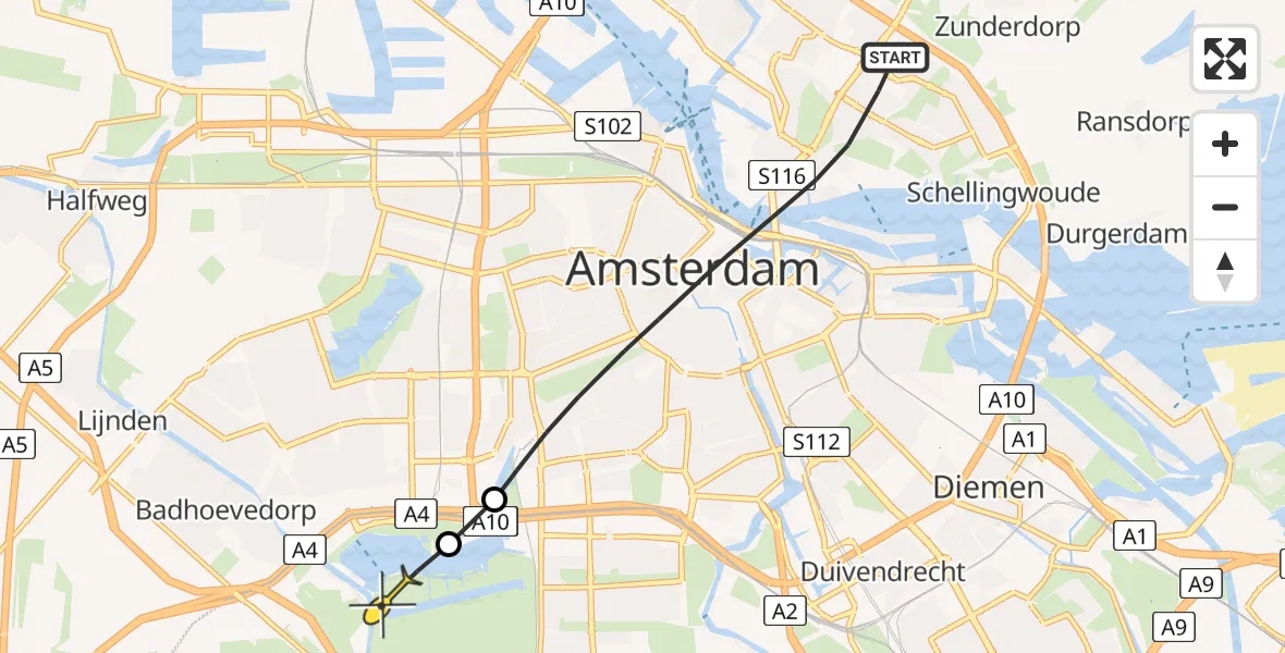 Routekaart van de vlucht: Politieheli naar Amsterdam, Meeuwenlaan