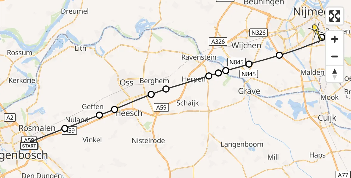 Routekaart van de vlucht: Lifeliner 3 naar Radboud Universitair Medisch Centrum, Diepenbrocklaan