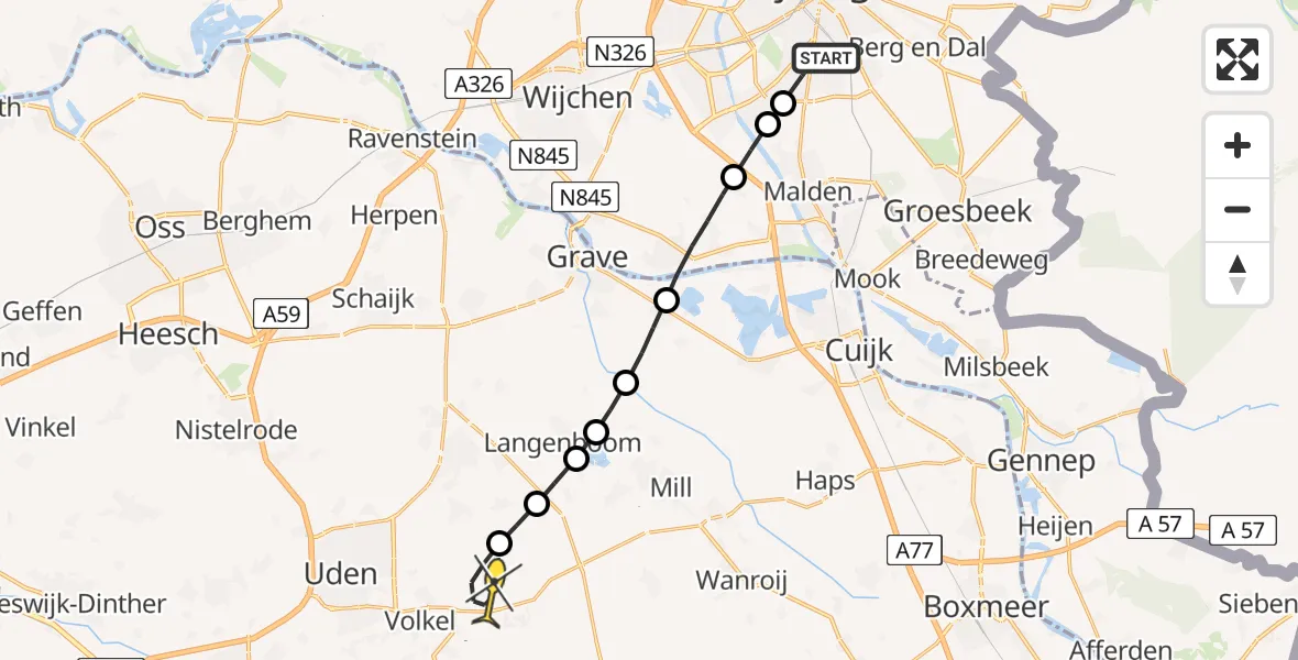 Routekaart van de vlucht: Lifeliner 3 naar Vliegbasis Volkel, Vuurvlindertjesstraat