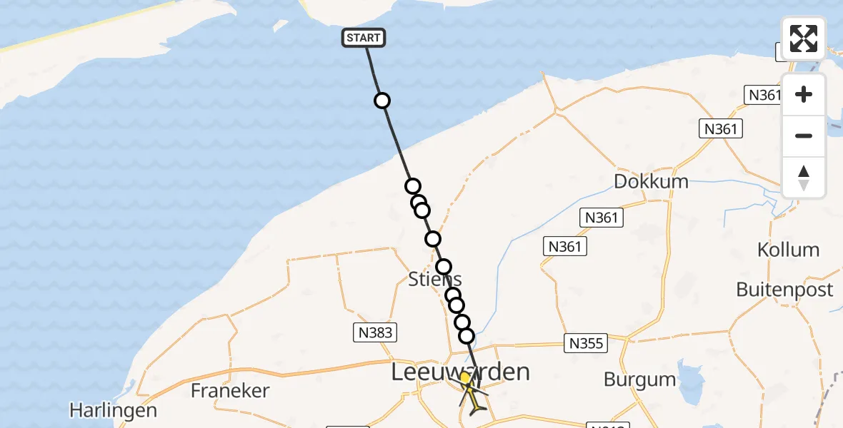 Routekaart van de vlucht: Ambulancehelikopter naar Leeuwarden, Robbentocht WL35 Brakzand