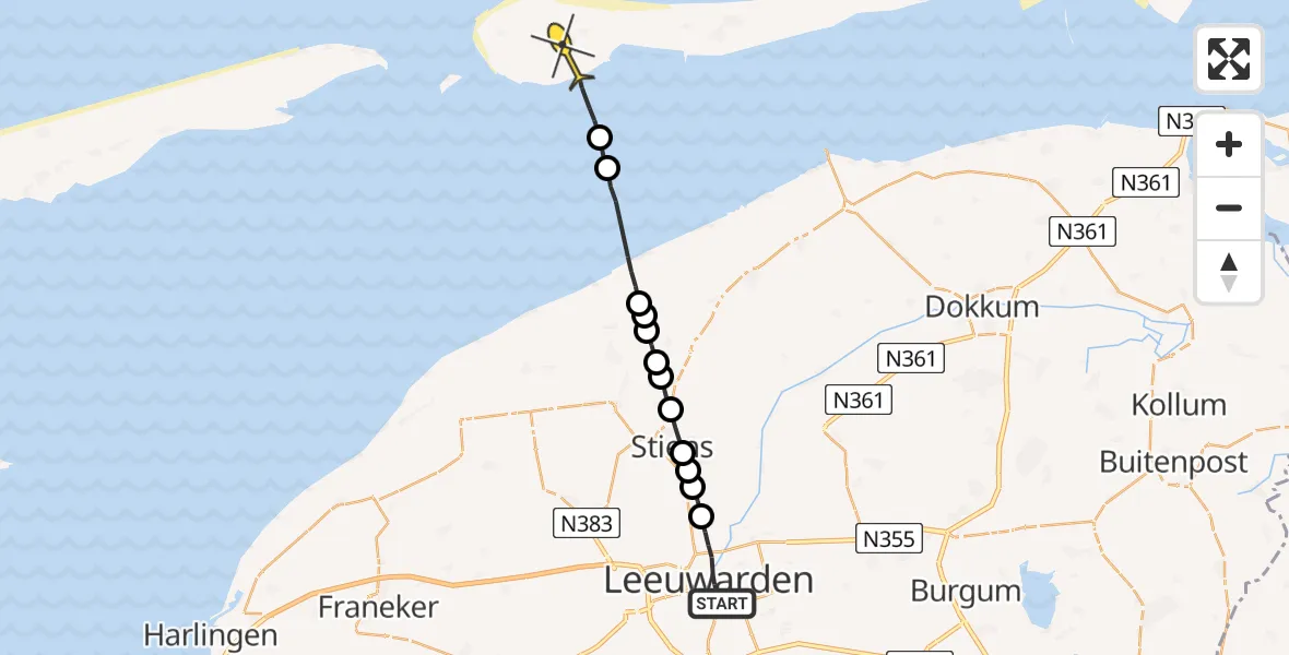 Routekaart van de vlucht: Ambulancehelikopter naar Ballum, Raadhuisplein