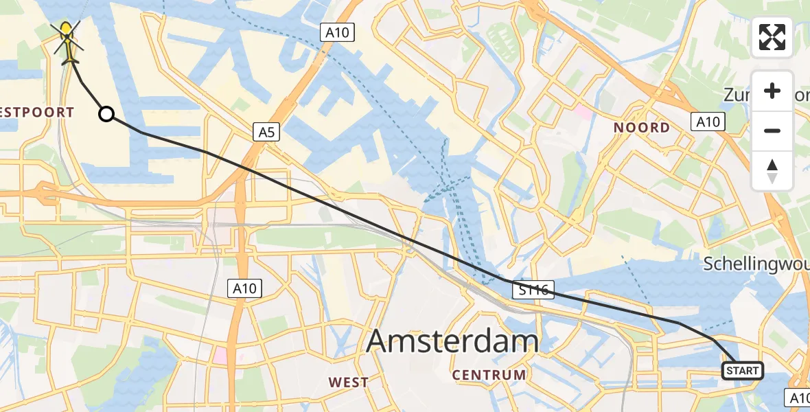 Routekaart van de vlucht: Lifeliner 1 naar Amsterdam Heliport, Levantkade