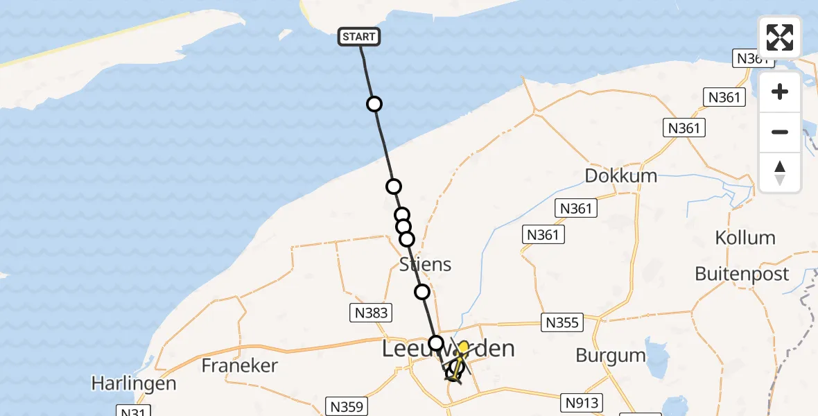 Routekaart van de vlucht: Ambulanceheli naar Leeuwarden, Hoek van Hessing